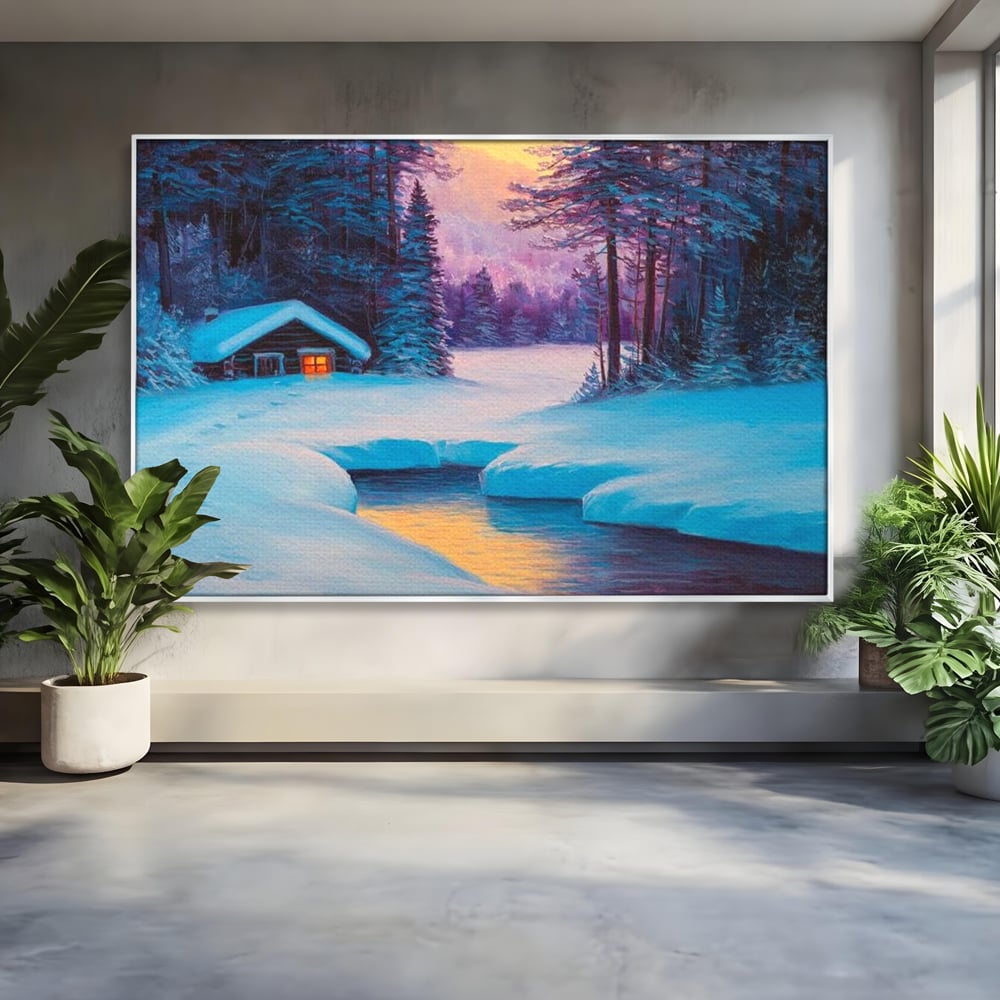 Tablou canvas cu pictura cu cabana inzapezita si parau, in rama de aluminiu argintiu